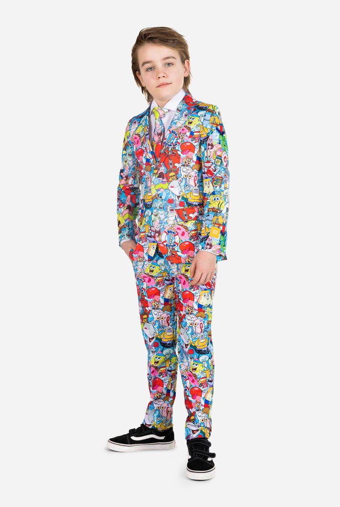 Kids wearing formal suit with SpongeBob print