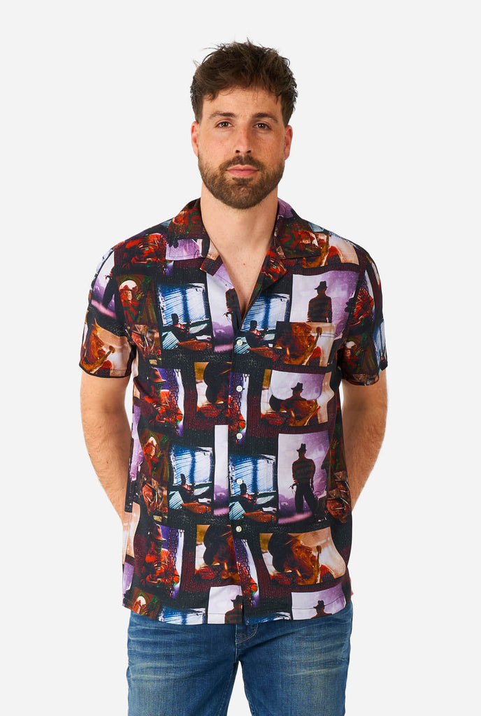 Man wearing Hawaiian Halloween Shirt with NIghtmare on Elmstreet print