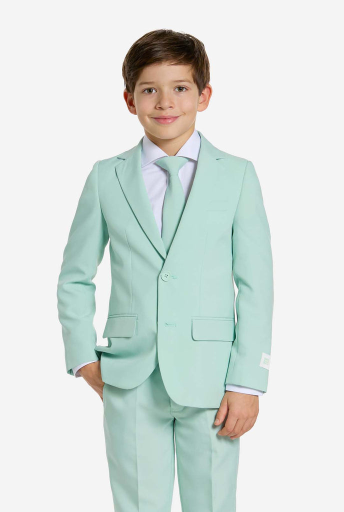 Kid wearing mint green boys suit.
