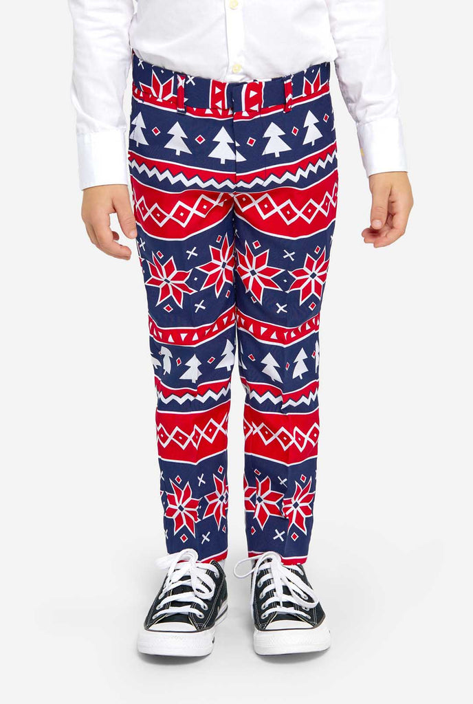 Kid wearing Christmas suit with Nordic print, pants view