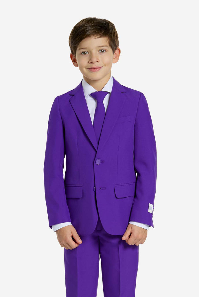 Kid wearing purple boys suit.