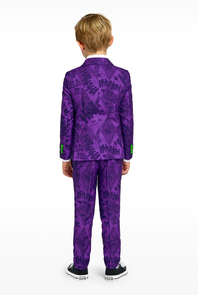 Kid wearing purple boys suits with The Joker Batman theme, view from the back