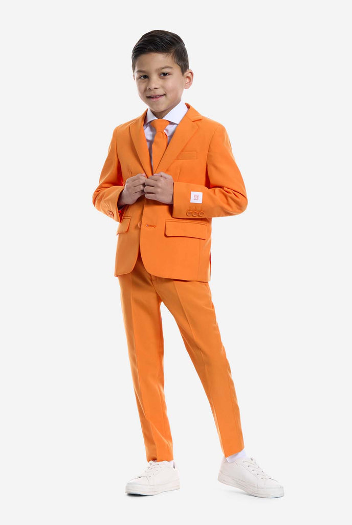 Kid wearing OppoSuits Orange suit.