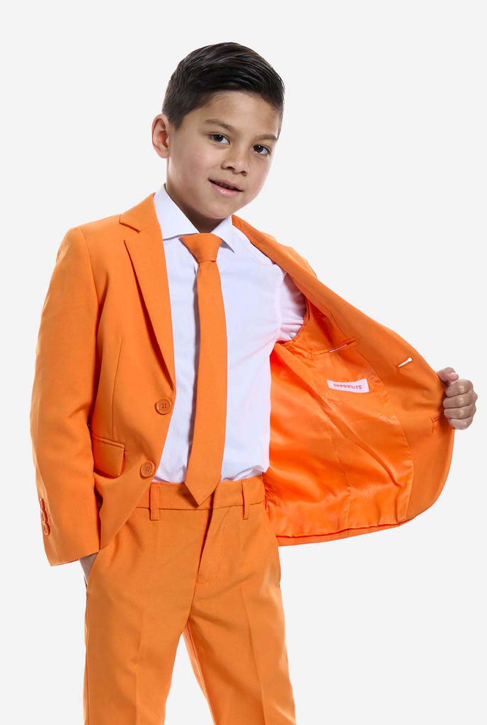 Kid wearing OppoSuits Orange suit.