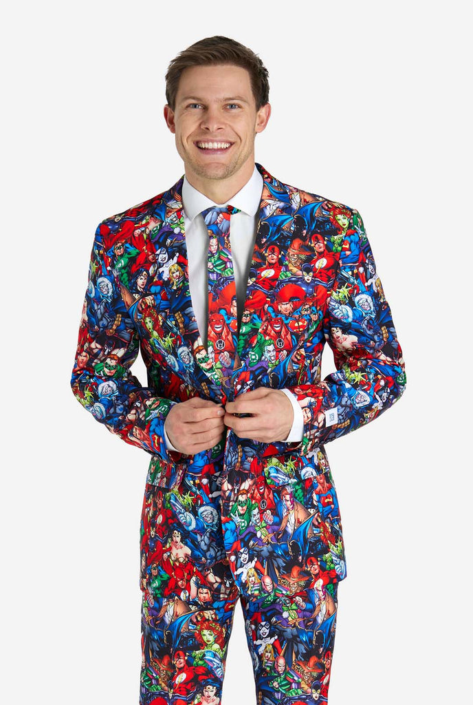 Man wearing mens suit with DC Super Heroes print