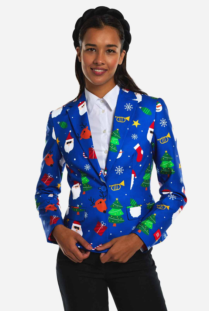 Woman wearing blue Christmas blazer for women, with Christmas icons on it