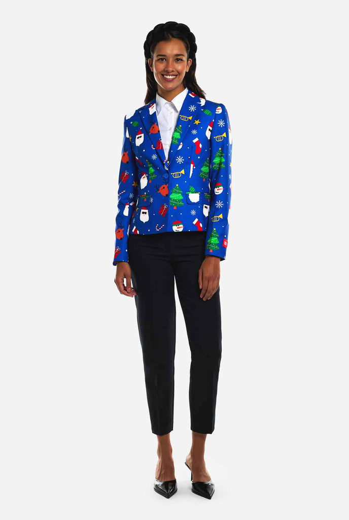 Woman wearing blue Christmas blazer for women, with Christmas icons on it