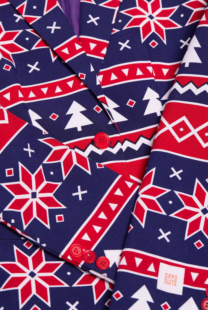 Woman wearing Christmas blazer with Nordic print, close up
