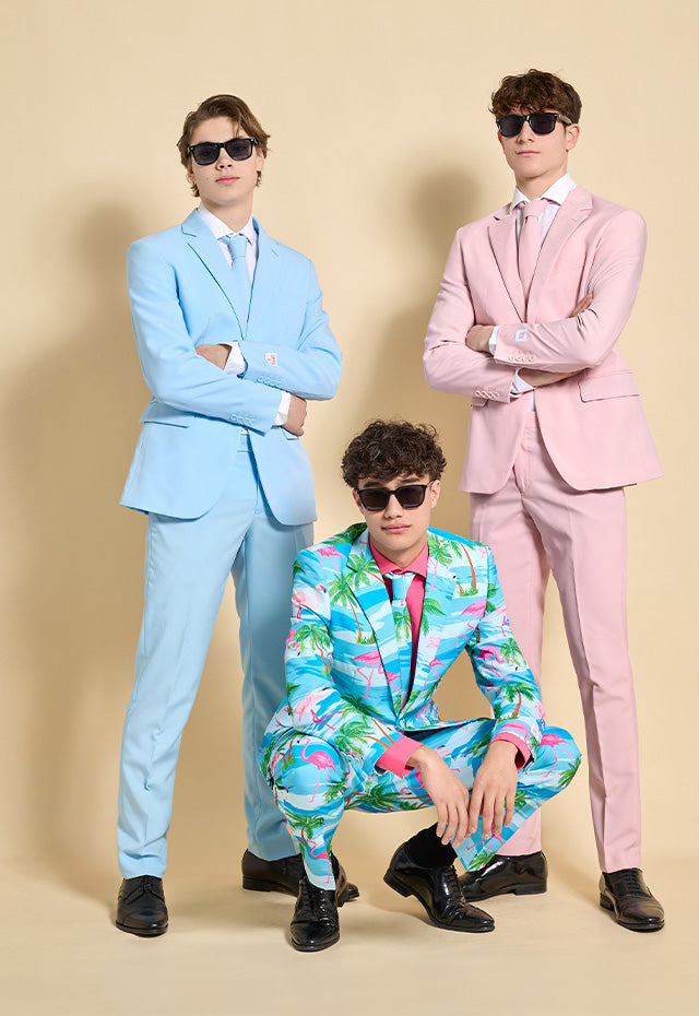 3 men wearing pastel colored easter suits