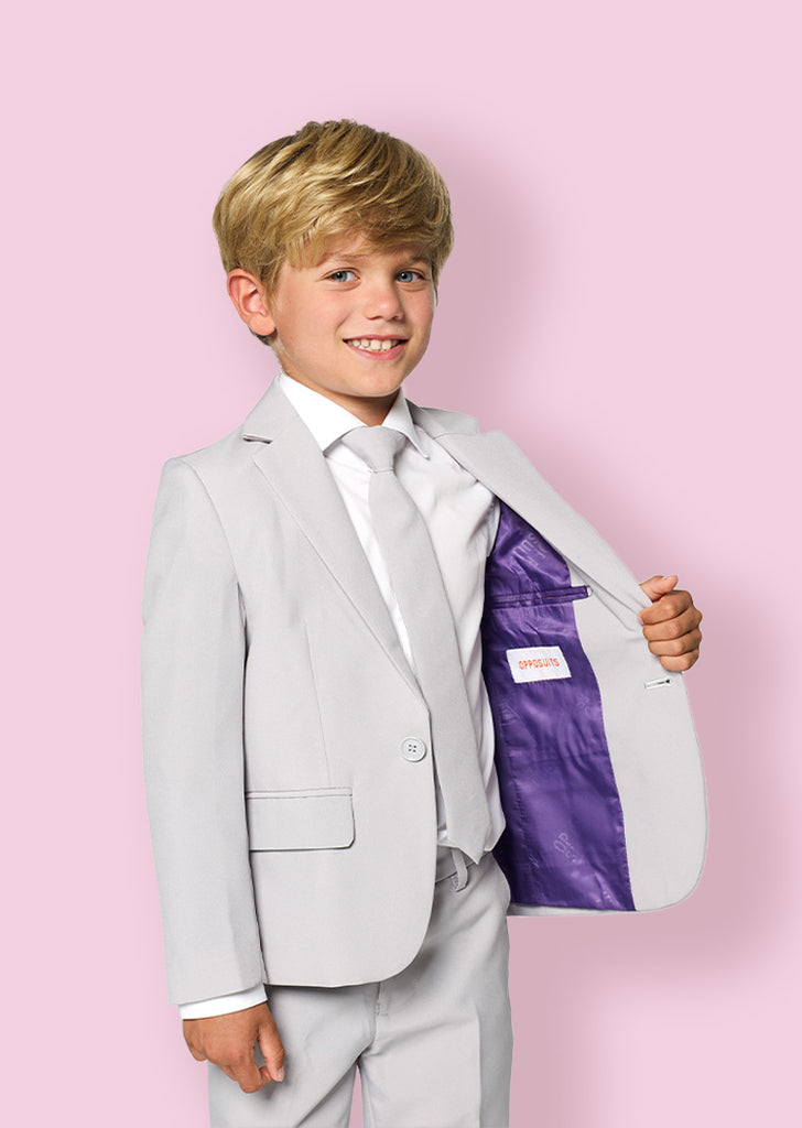 Boy wearing grey OppoSuits kids suit