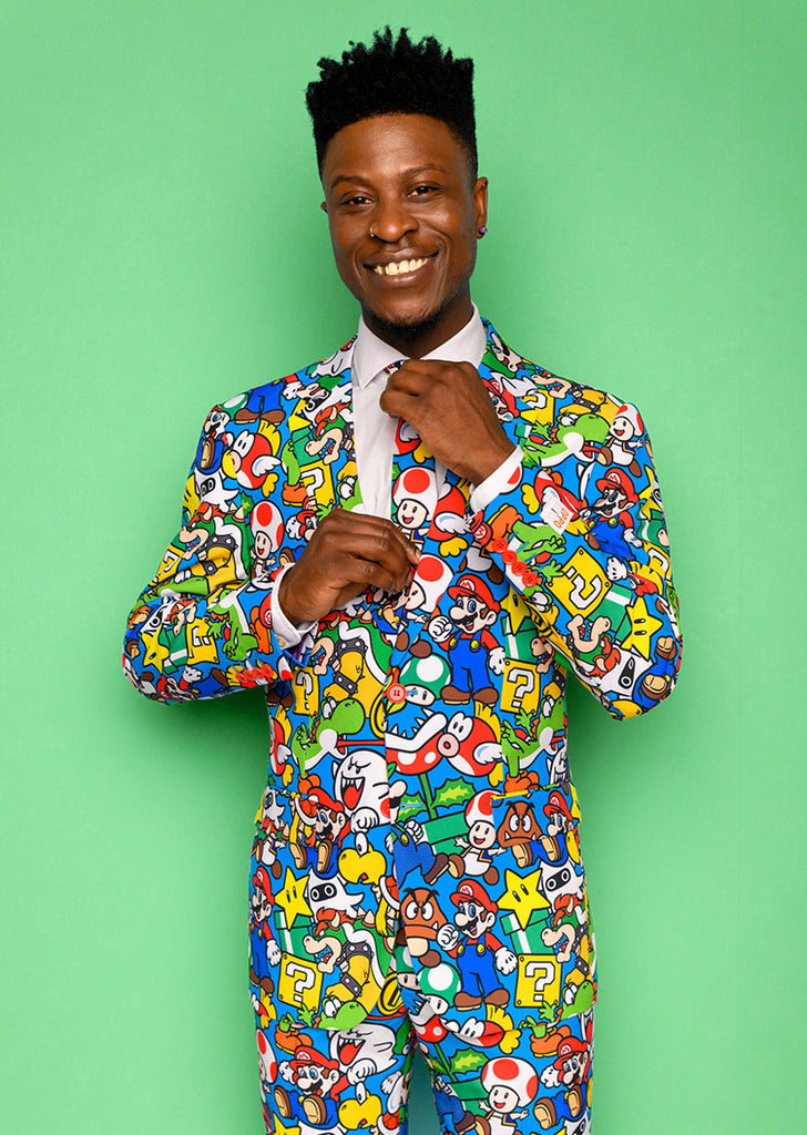 Man wearing men's suit with Super Mario print