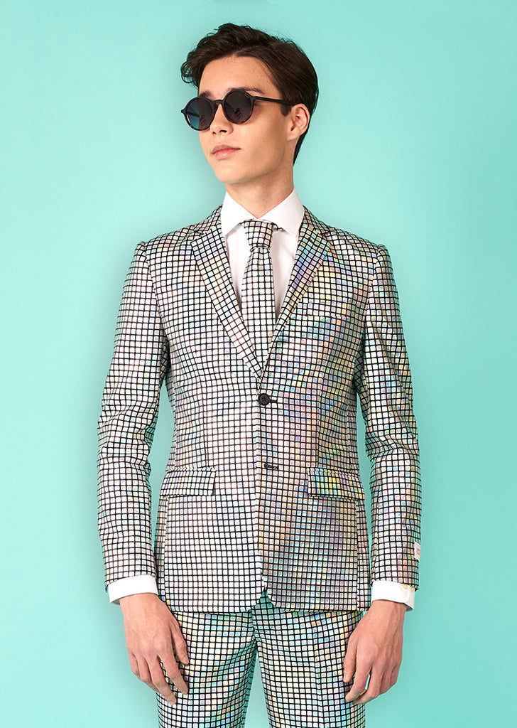 Teen wearing suit with discobal mirror print.