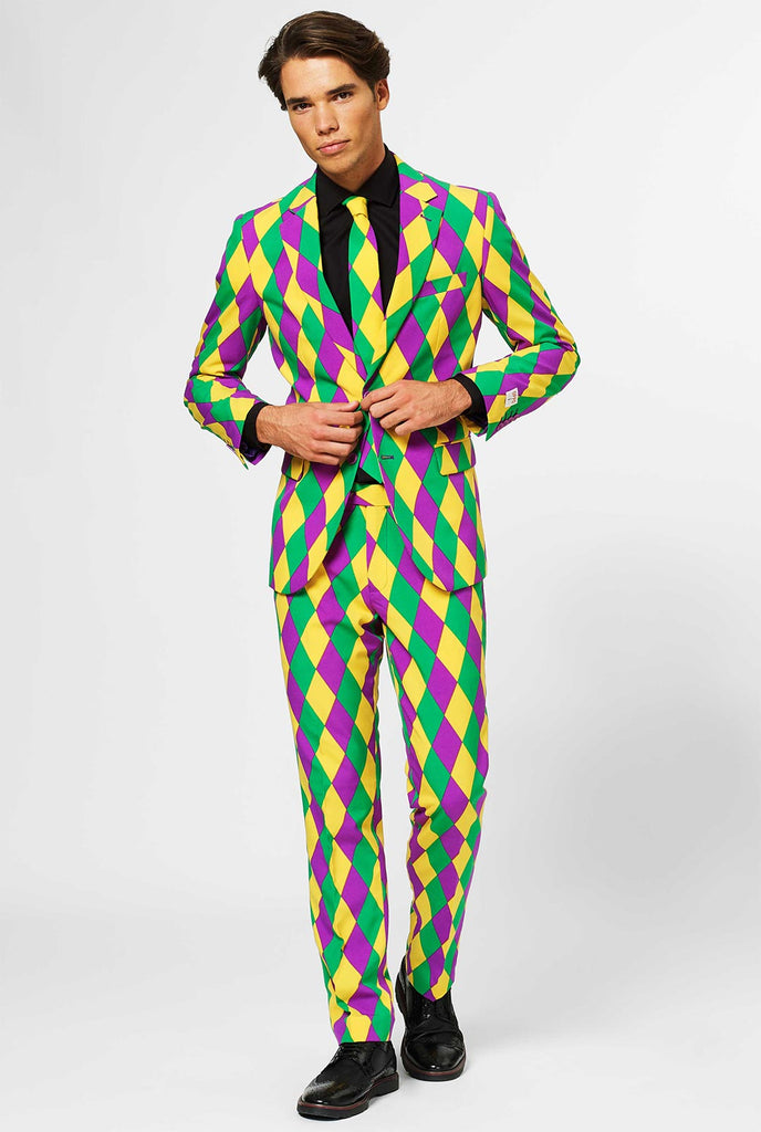 Man wearing men's Mardi Gras suit