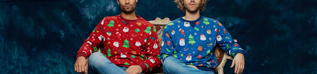Two men on sofa wearing Ugly Men's Christmas Sweater