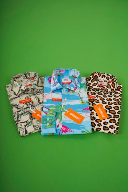 3 printes shirt on green background. One with dollar print, one with tropical flamingo print and one with leopard print