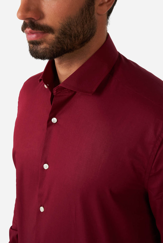 Man wearing burgundy red men's shirt, zoom