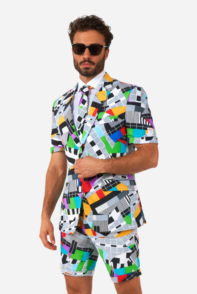 Man wearing summer suit with test screen print