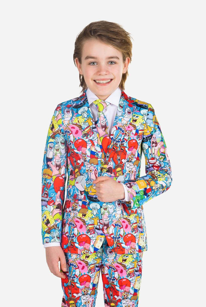 Kids wearing formal suit with SpongeBob print
