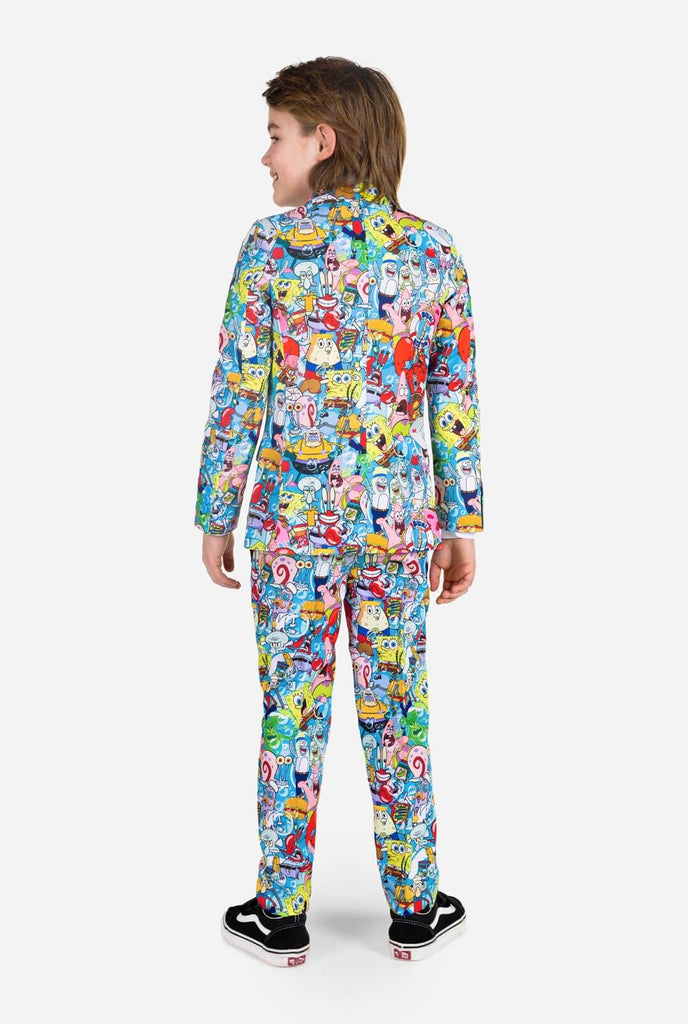 Kids wearing formal suit with SpongeBob print, view from the back