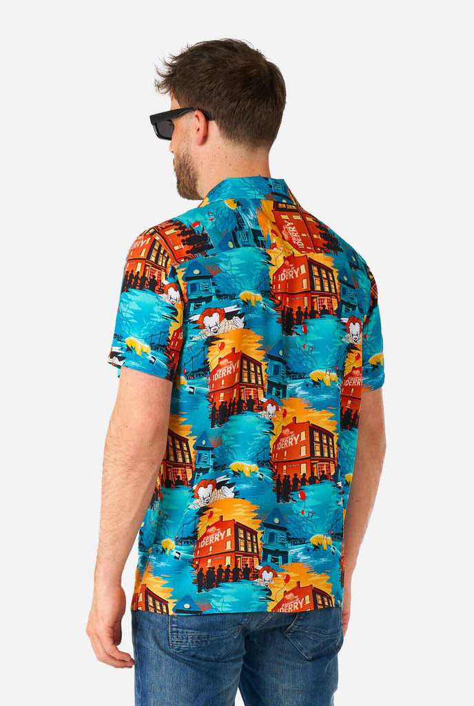 Man wearing halloween shirt with IT print, view from the back