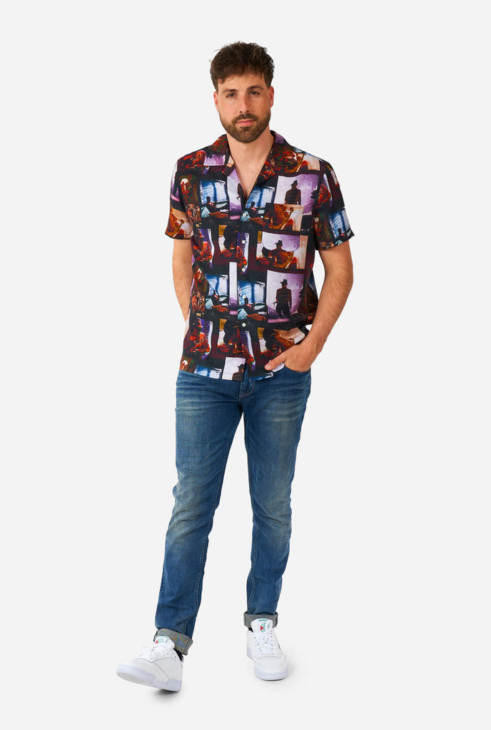 Man wearing Hawaiian Halloween Shirt with NIghtmare on Elmstreet print