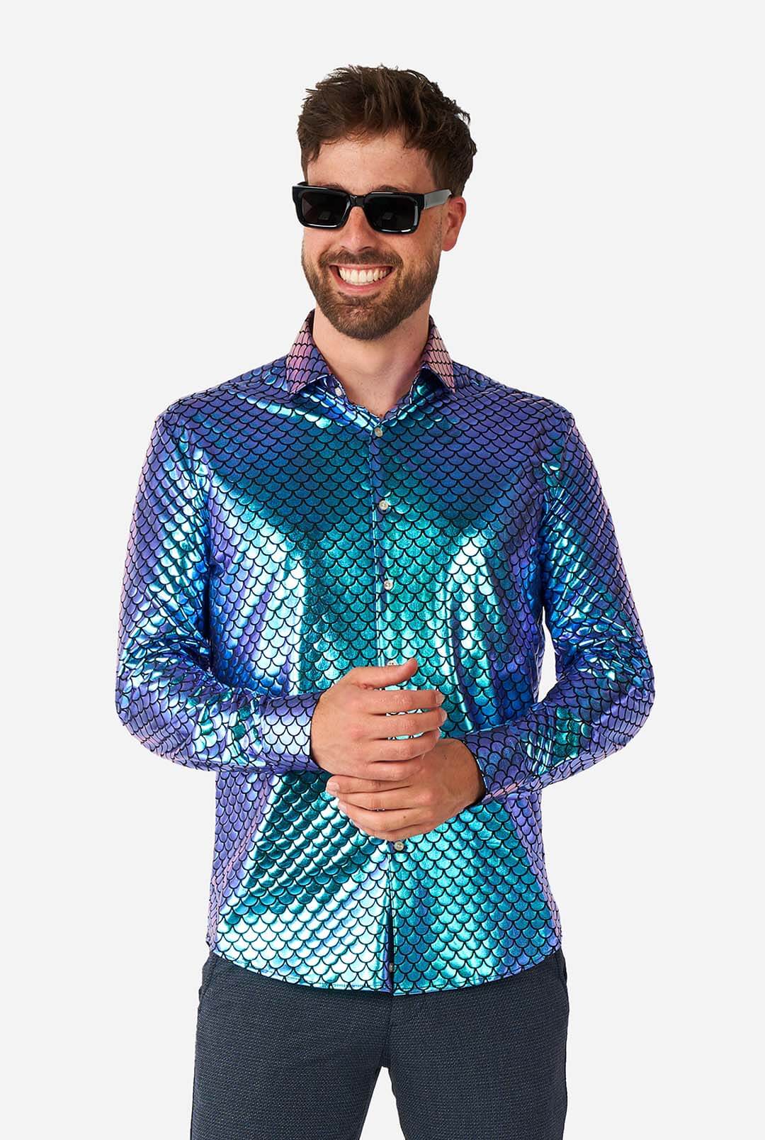 OppoSuits Men's Shirt LS Fancy Fish, Blue, Small