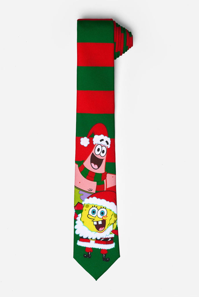 Green and red striped Christmas tie with Spongebob and Patrick print