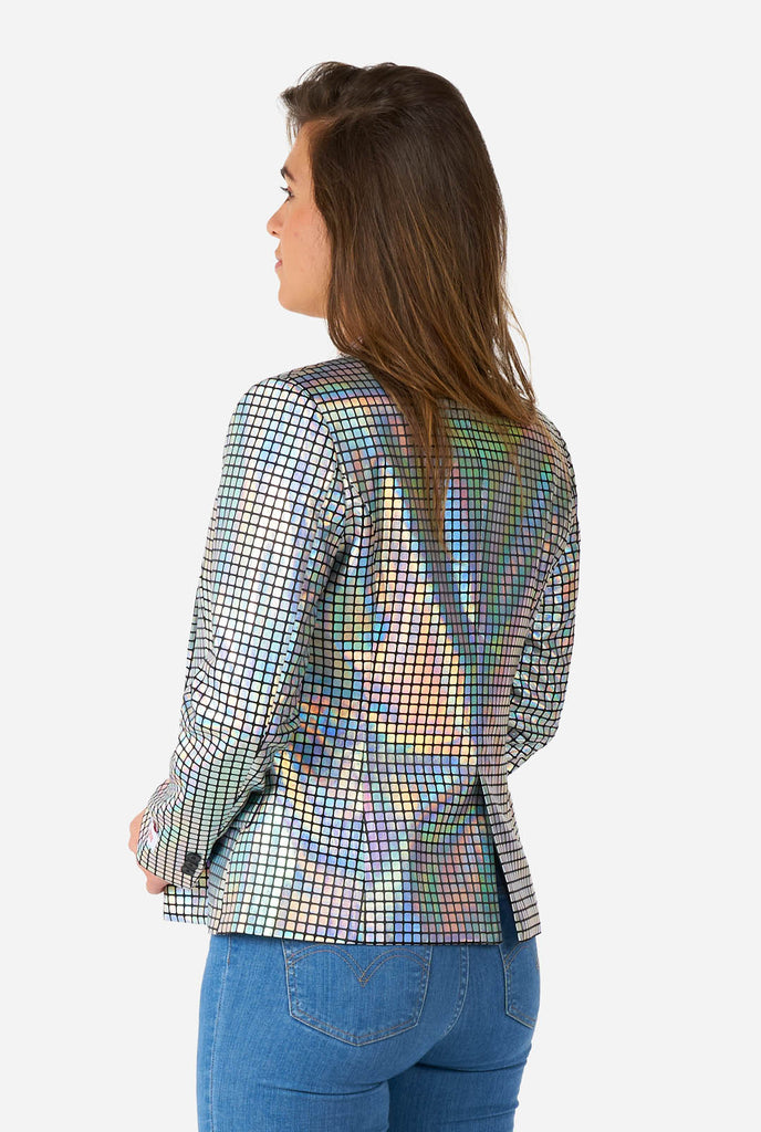 Woman wearing blazer with disco ball mirror print, view from the back