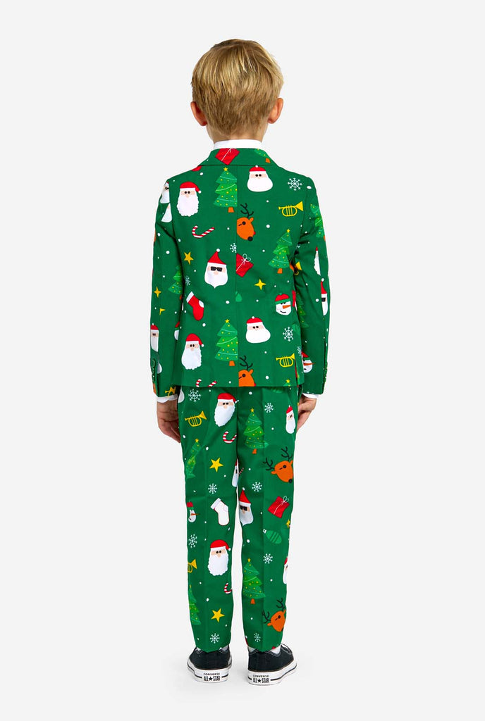 Boy wearing green Christmas suit for kids, with Christmas icons., view from the back
