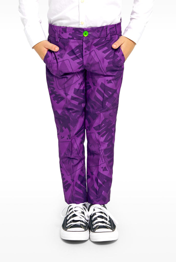 Kid wearing purple boys suits with The Joker Batman theme, pants view
