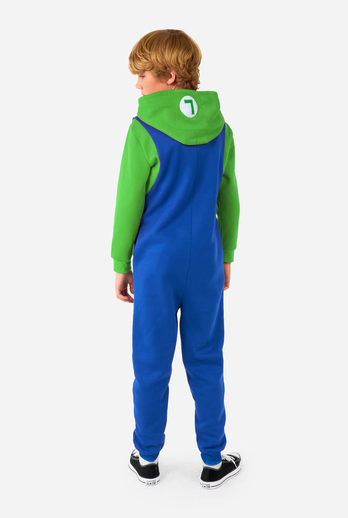 Boy wearing Kids Onesie with Luigi Super Mario print, view from the back.