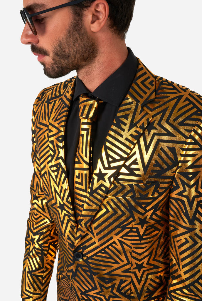 Men wearing golden suit with star print, close up