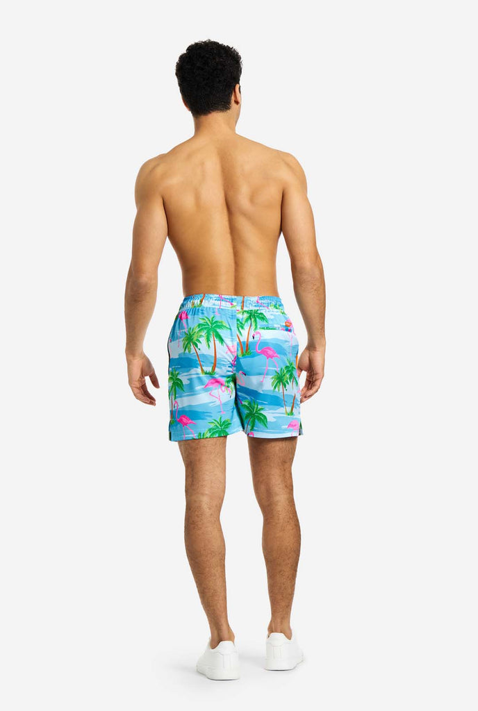 Man wearing Flaminguy swim trunks for men, view from the back