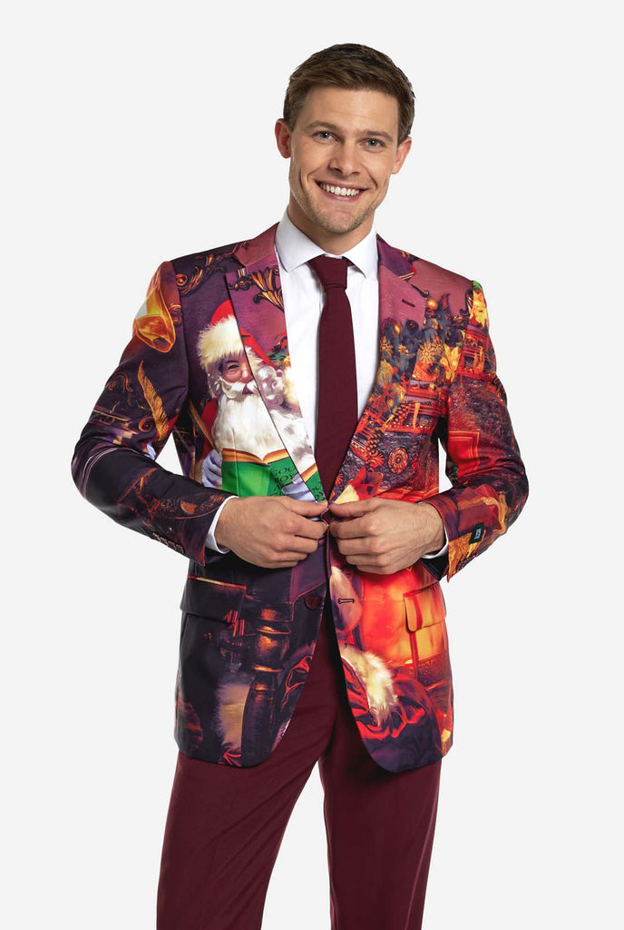 Man wearing burgundy red Christmas suit with vintage Christmas print