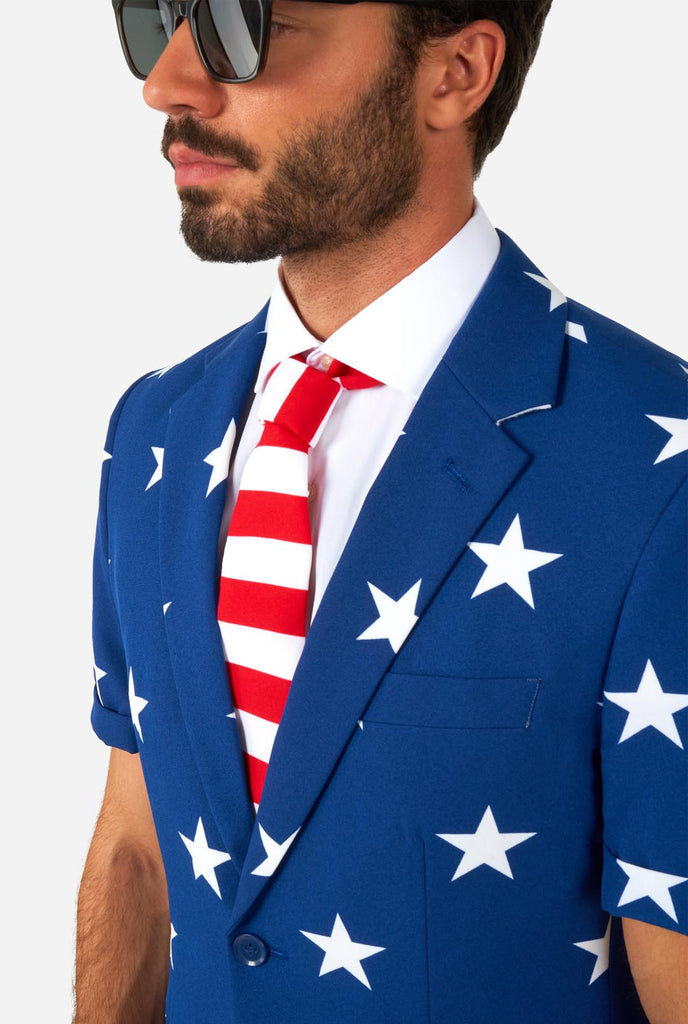 Man wearing American flag themed Summer suit, close up