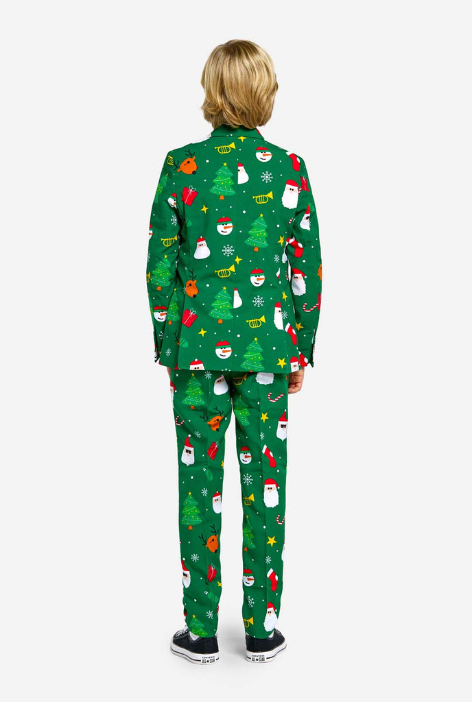 Teen wearing green Christmas suit for teens, with Christmas icons, view from the back