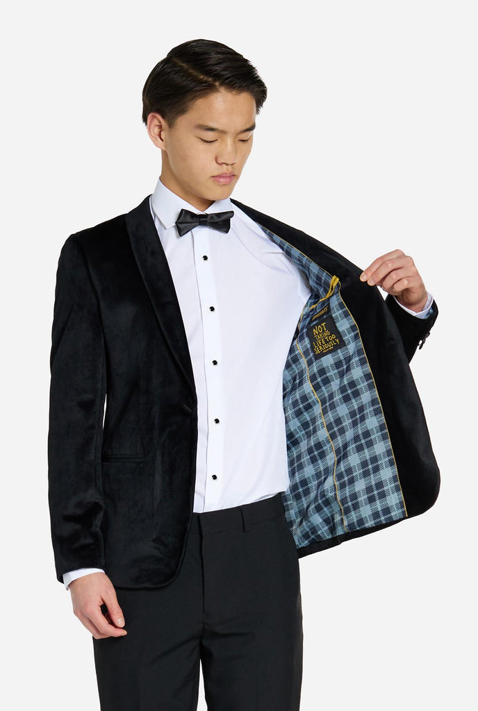 Teen wearing black velvet dinner jacket blazer for teen boys