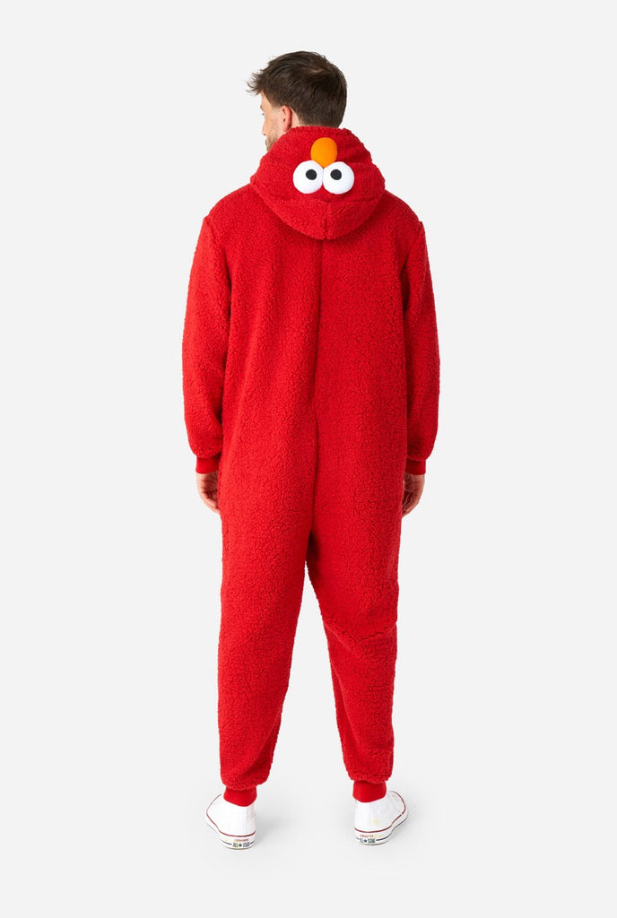 Men wearing red pluche Elmo onesie, view from the back