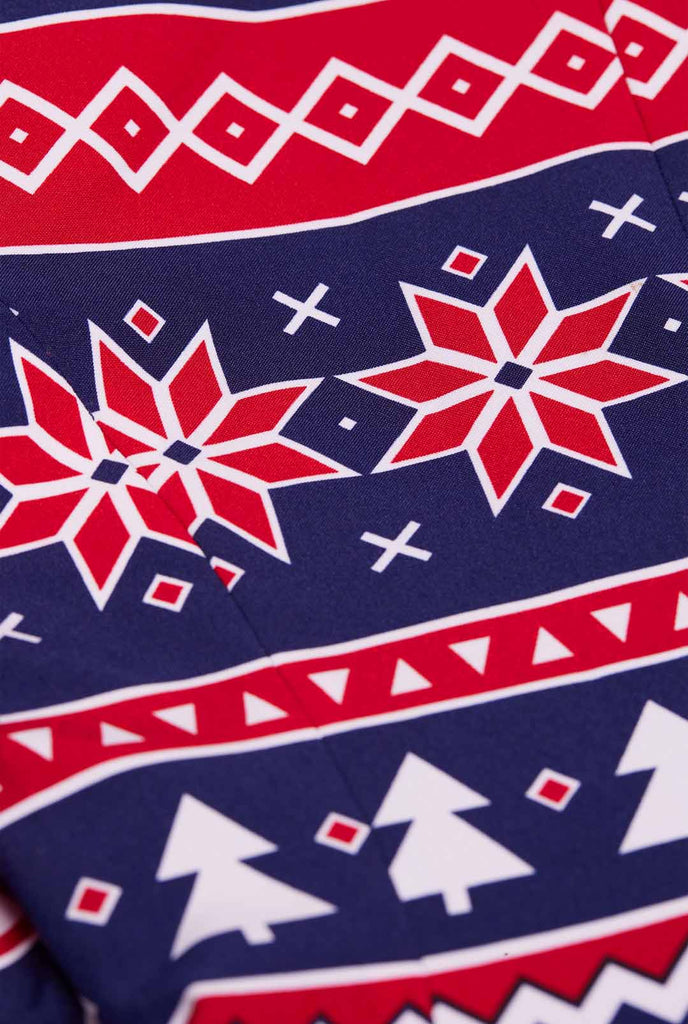 Woman wearing Christmas blazer with Nordic print, close up