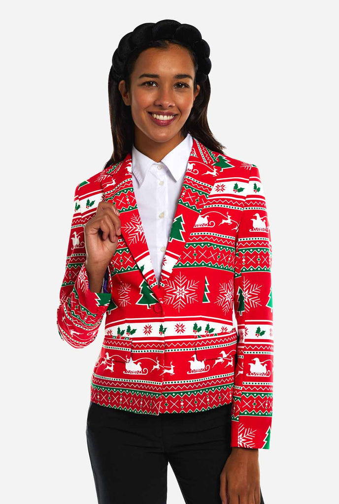 Woman wearing Christmas blazer with Winter print