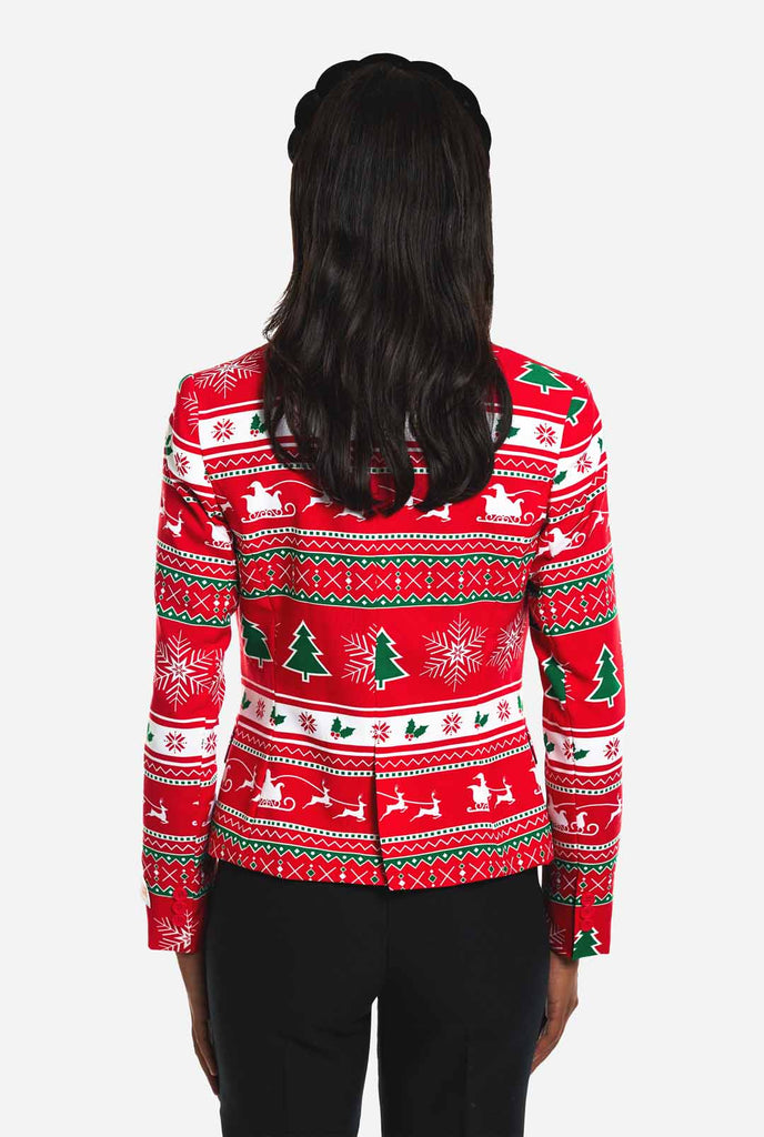 Woman wearing Christmas blazer with Winter print, view from the back