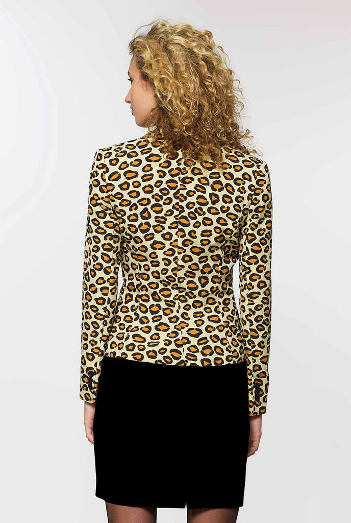 Women wearing womens blazer with panther/ jaguar print, view from the back