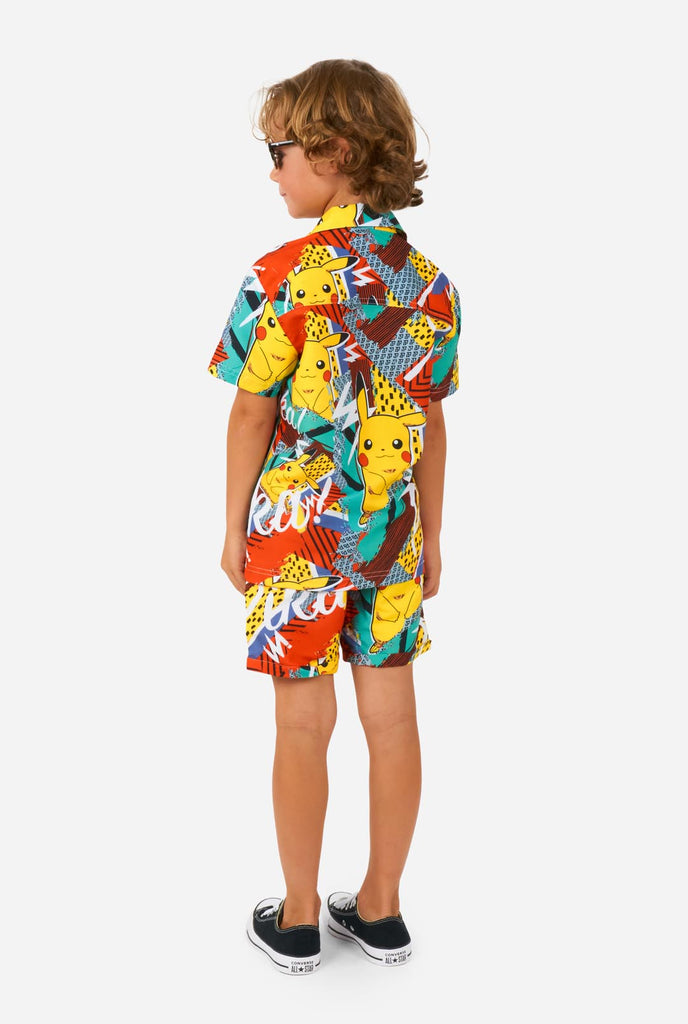 Boy wearing summer set consisting of shirt and short with Pikachu Pokemon print