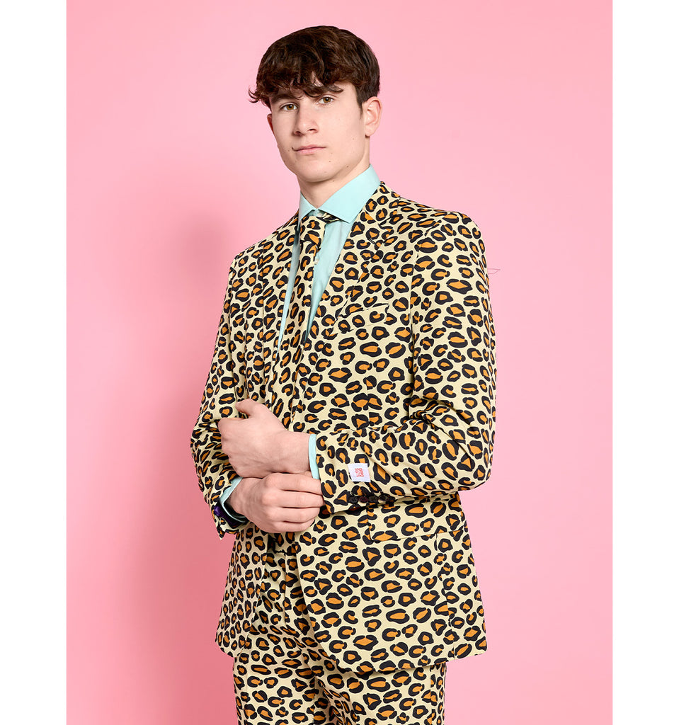 Teen wearing OppoSuits Prom suit with Panther Print