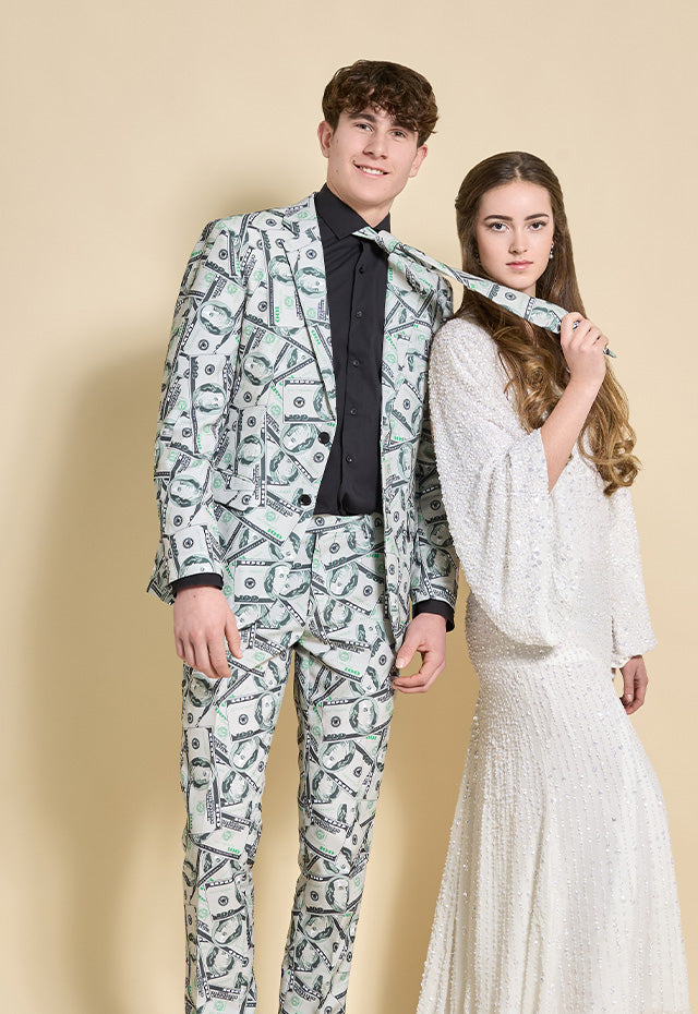 Man wearing dollar suit and woman wearing dress