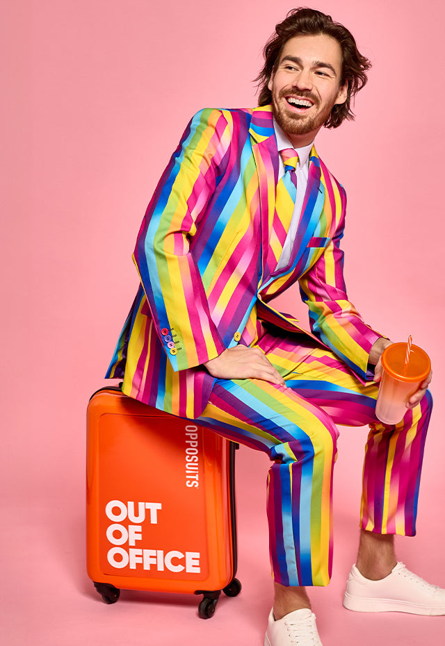 Man wearing rainbow colored suit