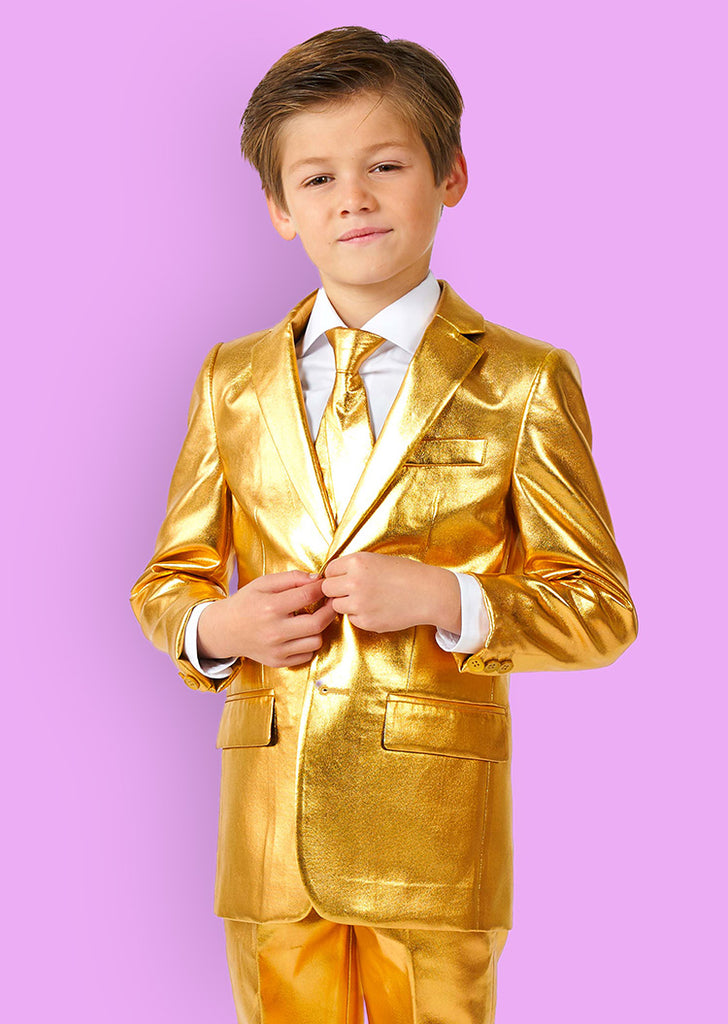 Kid wearing golden boys' suit