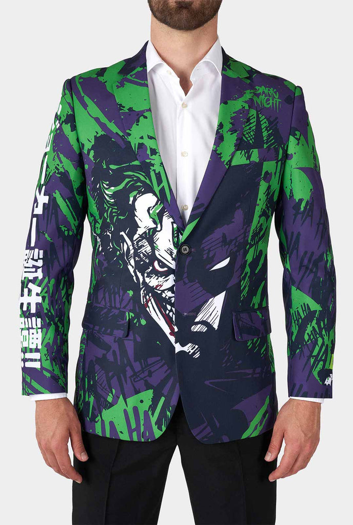 Man wearing purple and green batman vs Joker men's blazer