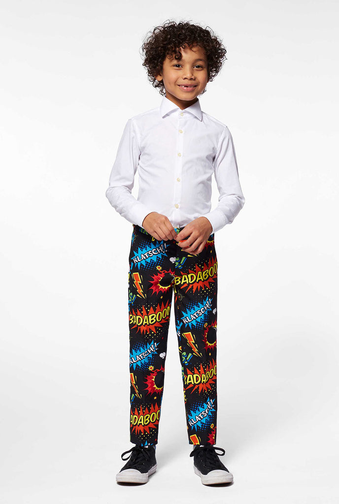 Comic book phrase suit for boys worn by a boy