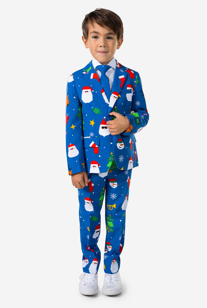 Kid wearing blue Christmas suit